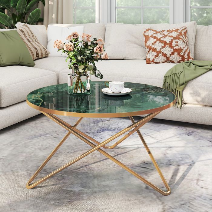 Table basse ronde - HOLTICO - Table basse effet marbre moderne avec pieds métal dorés - 80 x 80 x 46 cm - Vert