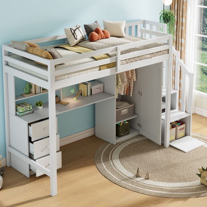 Lit superposé multifonction - TRUXEN - Bureau intégré - Armoire descalier - Dimensions 90x200 cm - Blanc