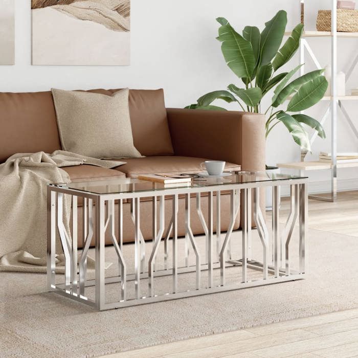 Table basse en acier inoxydable et verre - VIDAXL - 110x45x45 cm - Argent - Verre trempé - Épaisseur 4 mm