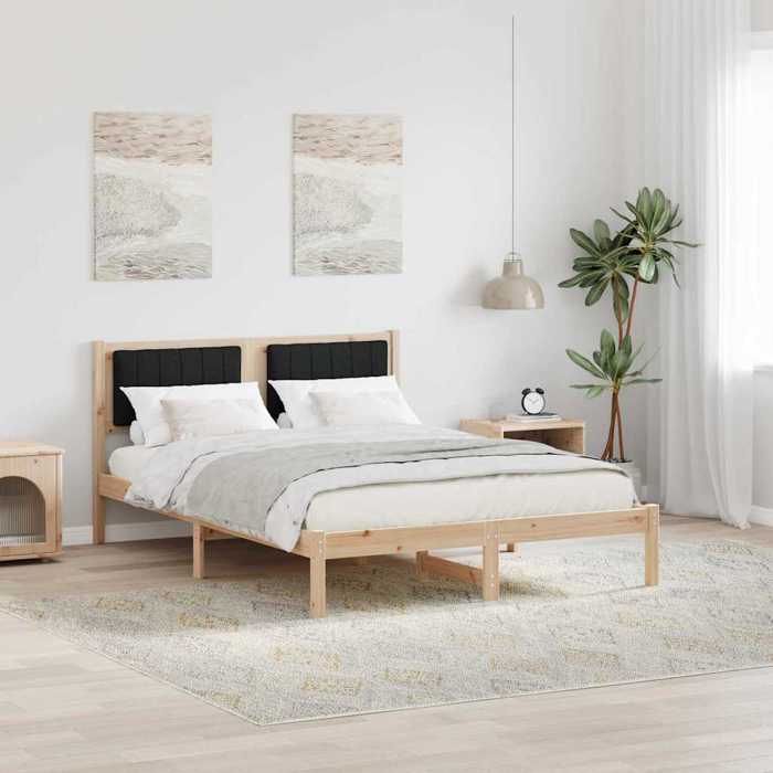 Structure de lit avec tête de lit rembourrée - UU - 140x190 cm - Noir - Pin massif - Tête de lit en polyester