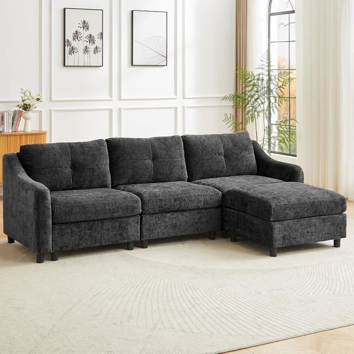 JIEXI Canapé dangle convertible Canapé en velours côtelé canapé-lit 251 cm (Gris 3 sièges + 1 tabouret)