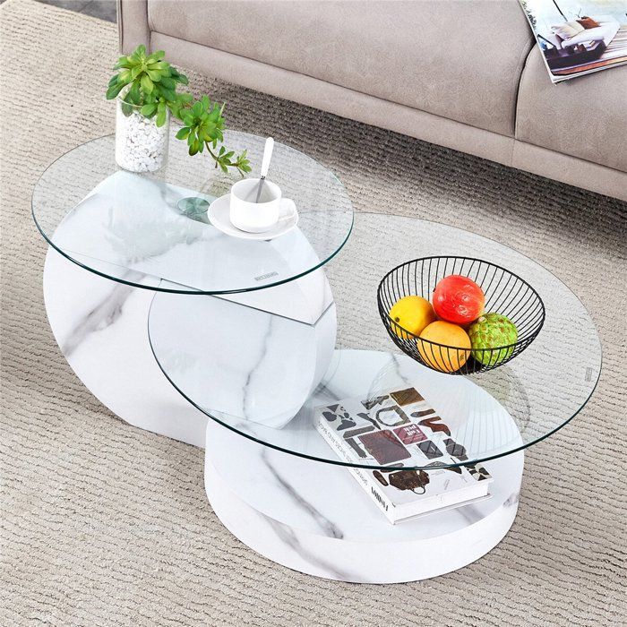 Table Basse Ronde Verre Double Plateau avec Blanche Effet Marbre La BaseTable Basse Transparente Moderne avec Rangement 90x70x44 cm