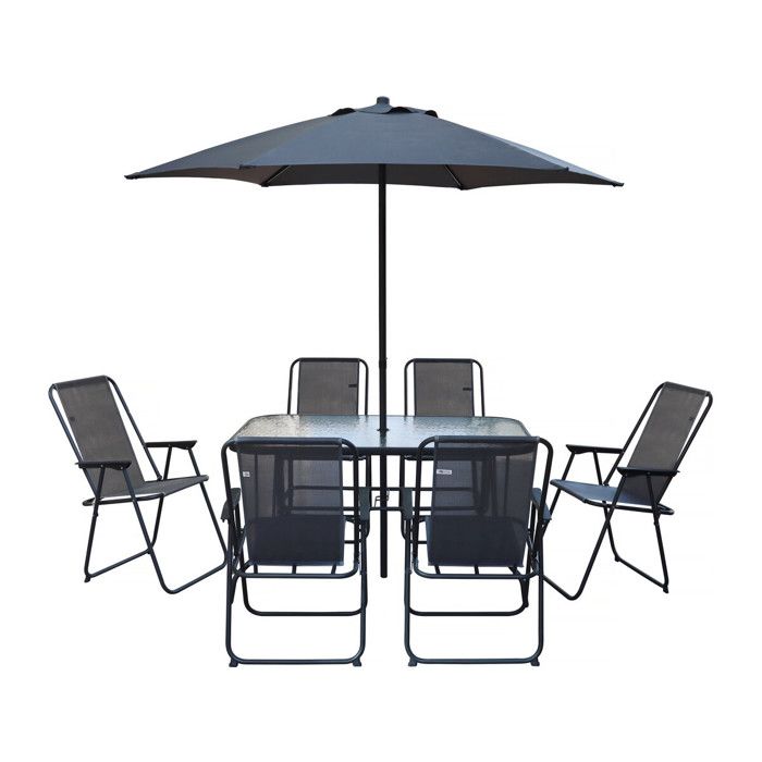 Table et chaises de jardin avec parasol en métal Convivia - 6 places - Gris anthracite
