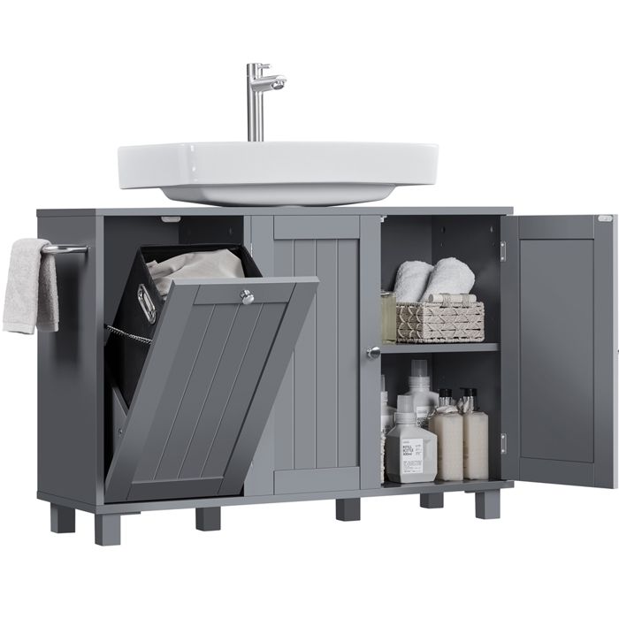 Yaheetech Meuble sous Lavabo à 3 Portes avec Étagères Réglables Découpe en U et Panier à Linge Intégré Gris Foncé Yaheetech Meuble sous Lavabo à 3 Portes avec Étagères Réglables Découpe en U et Panier à Linge Intégré Gris Foncé