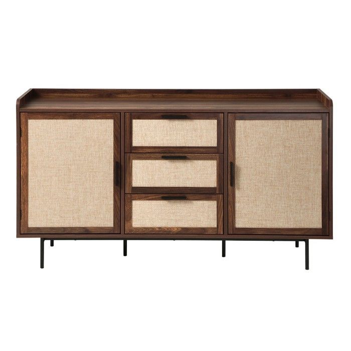 CALICOSY - Buffet 2 portes 3 tiroirs décor noyer et façades en tissu L140 cm - JETSON - Bois foncé