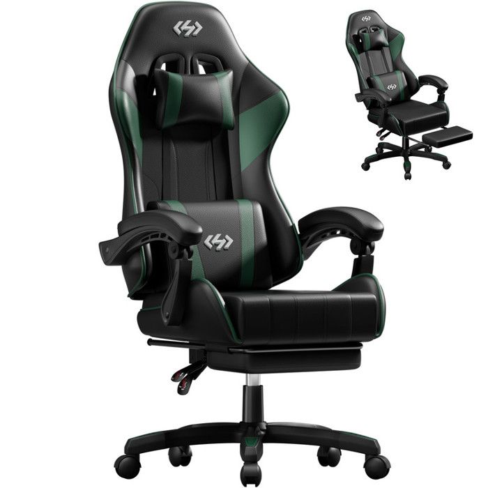 EcoFurnix - Chaise Gaming Ergonomique avec Appuie-tête et repose-pieds - Inclinable 90°-135° - Support Lombaire - Noir et Vert
