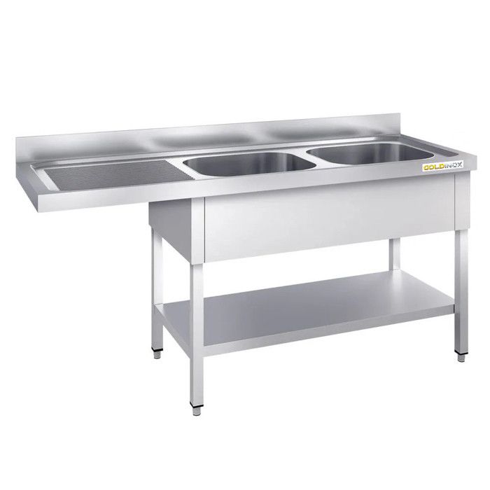 Plonge lave-vaisselle inox 2 bac 1600x700 mm avec égouttoir à gauche PREMIUM - GOLDINOX - Goldinox