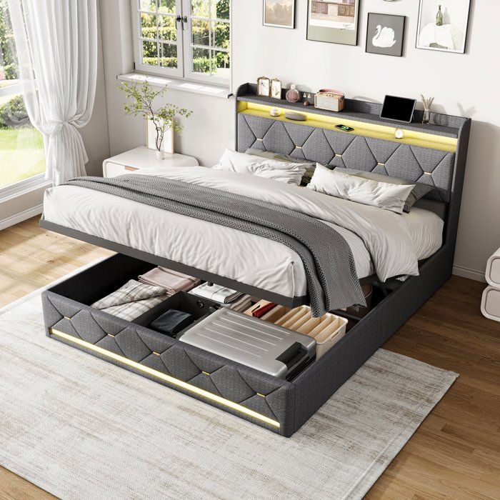Lit coffre 140x190Lit rembourré avec Rangement sous le litTête de lit avec Recharge sans Fil & Ports USB/Type-CBande LEDLin Gris