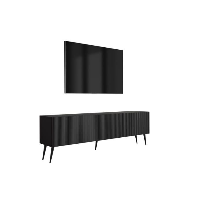Meuble TV - 170 cm - Noir mat - Façades rainurées - Pieds inclinés noirs