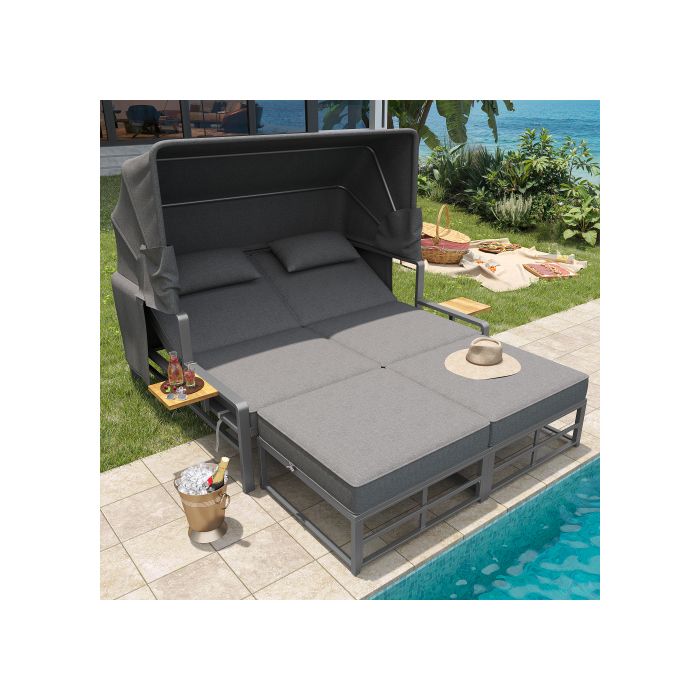 Bain de soleil 2 places avec auvent modulable 128x117cm Salon de jardin extérieur Gris