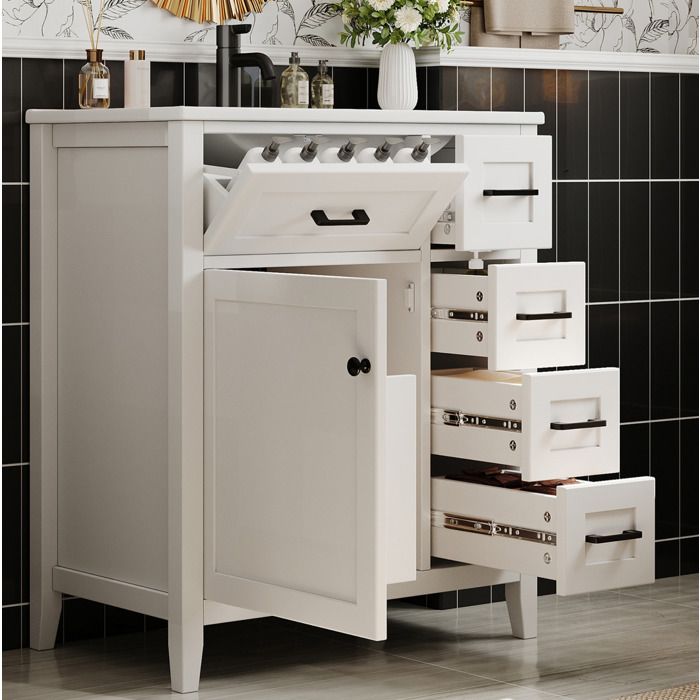 HOMVRA Meuble vasque de salle de bain 76x46x90 cm - Avec 4 tiroirs et 2 portes vasque en céramique - Blanc