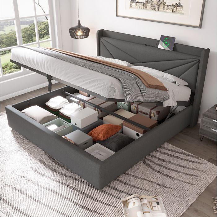 ULEVR lit coffre double 180 x 200 cm gris avec sommier a lattes tete de lit geometrique USB et Type-C