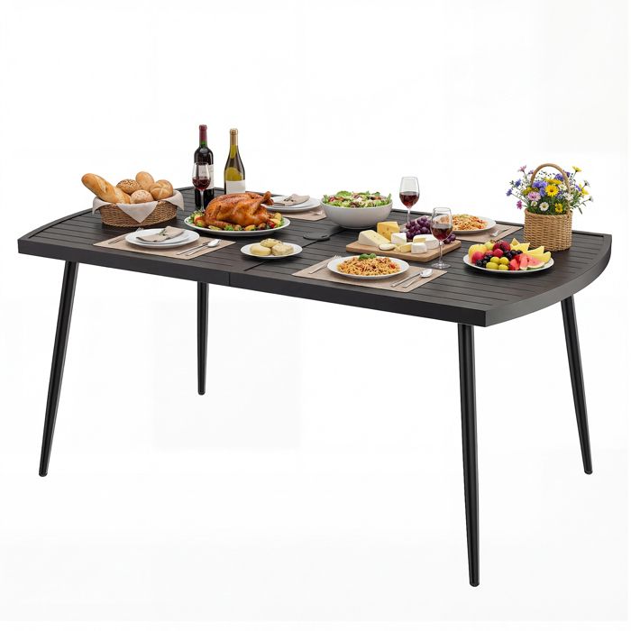 Table de Jardin pour 6 Personnes COSTWAY Trou pour Parasol 4 CM Cadre en Métal Pieds Réglables 160 x 90 x 74 CM Charge 100 kg