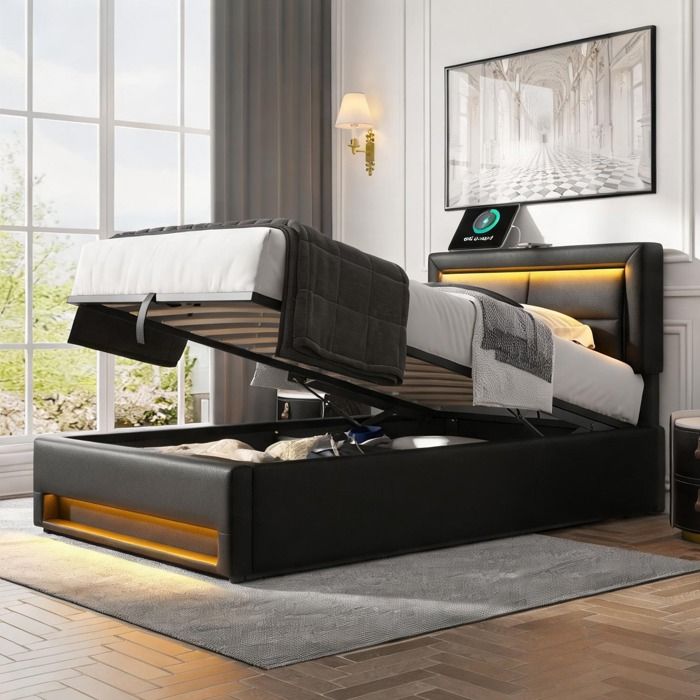Lit gain de place 90x200 cm motif crocodile noir PU LED et USB - sans matelas