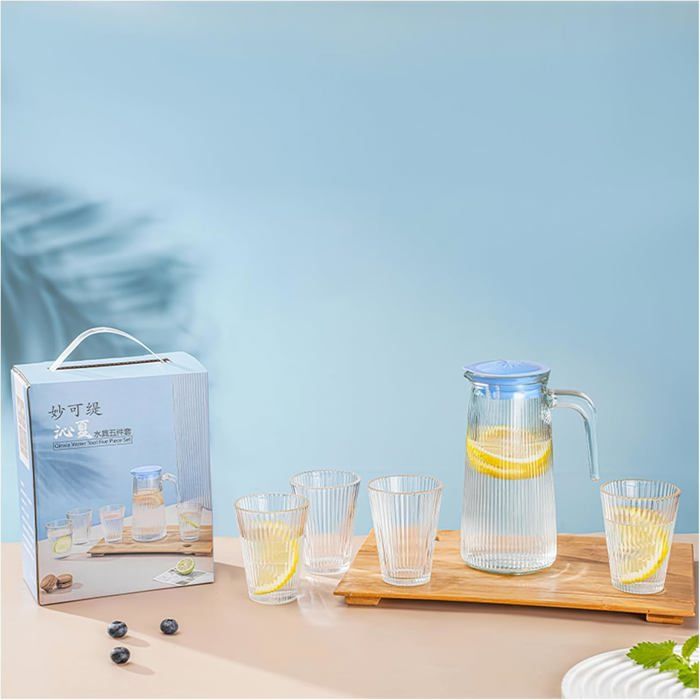 Set De 5 Carafes Verre Avec CouvercleCarafe 750Ml Résistante À La Chaleur & 4 Tasses 160MlVerrerie Transparente Pour Thé G[BI97]
