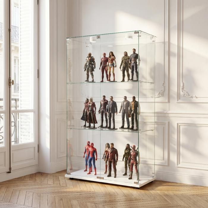Vitrine blanche 123 5x78 5x35 cm 3 étages verre trempé double porte LED + lampe tactile – Meuble vitrine collection