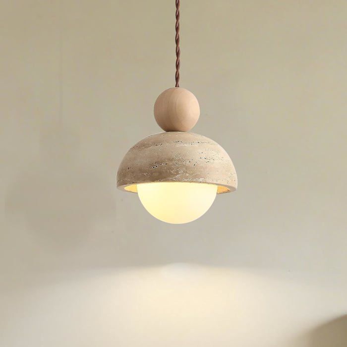 7W Suspension japonaise Wabi-Sabi en travertin jaune abat-jour en pierre naturelle avec suspension en bois G9
