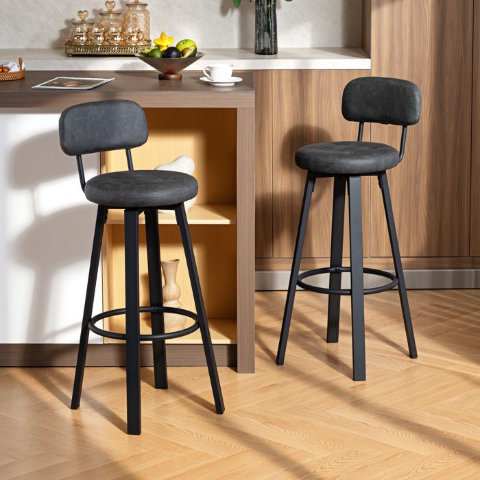 Lot de 2 tabourets hauts de cuisine pivotants en PU gris foncé dossier cadre métal repose-pieds