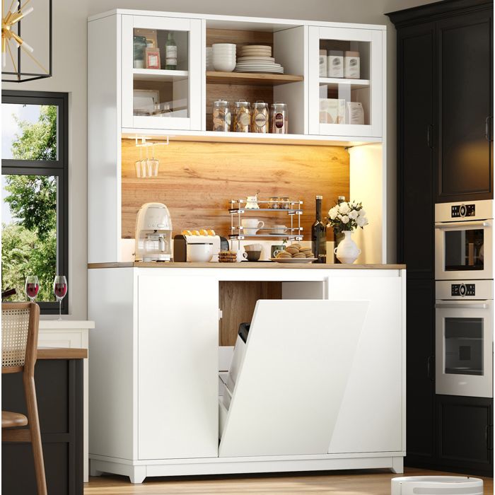 Buffet de cuisine 120 x 40 x 180 cm blanc avec portes en acrylique LED porte-verres et compartiment poubelle
