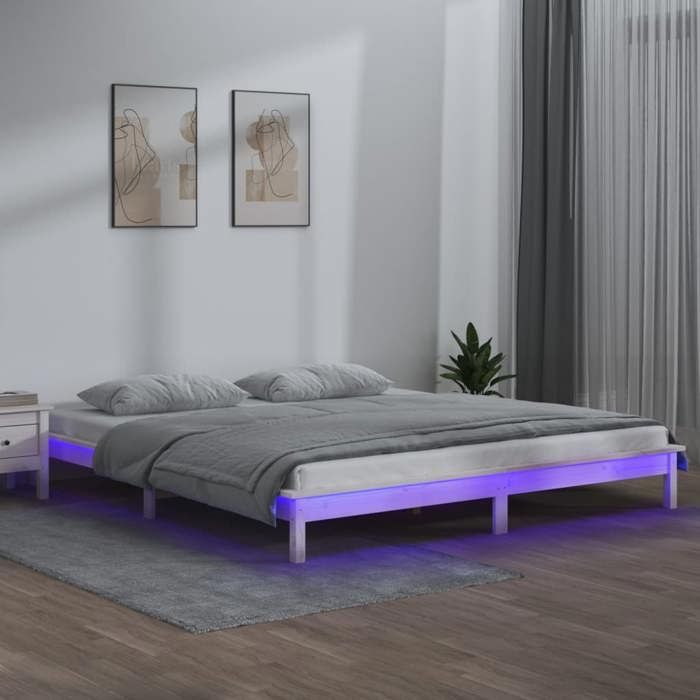 ECOHOME Cadre de lit à LED - sans matelas - lit Adulte double - design solide - blanc 200x200 cm bois massif bxj64h2399