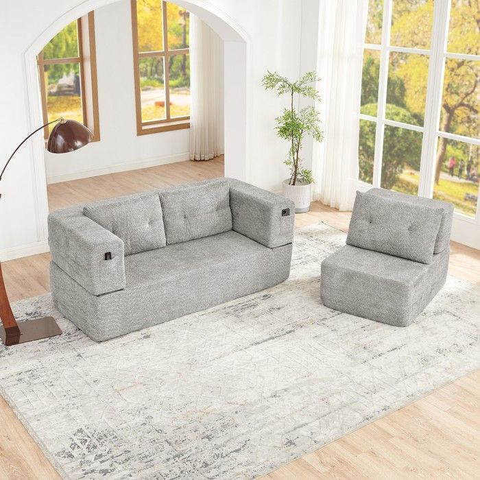 Lit canapé convertible en sofa - MINIMAL - Canapé modulaire - 3 places - Gris clair - Rangement latéral