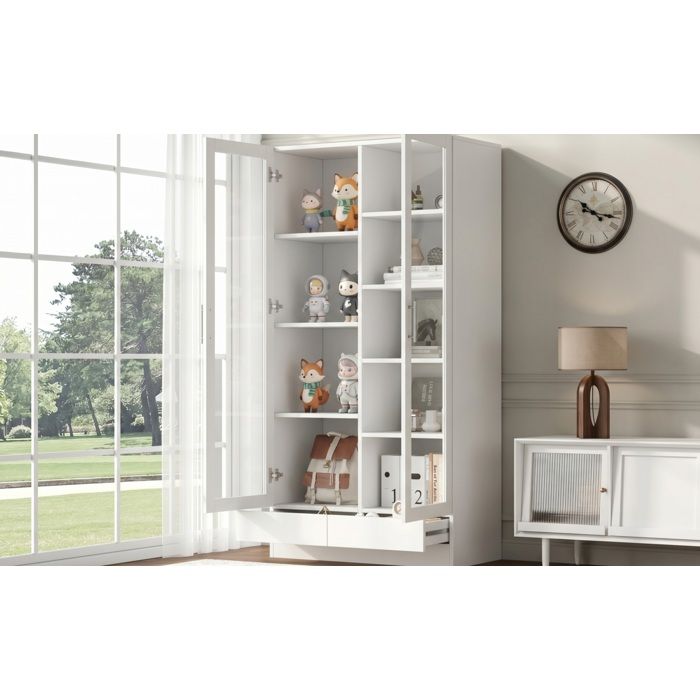 HOMVRA Armoire de bureau vitree 80 x 40 x 160 cm avec 2 portes 2 tiroirs MDF et verre trempe blanc