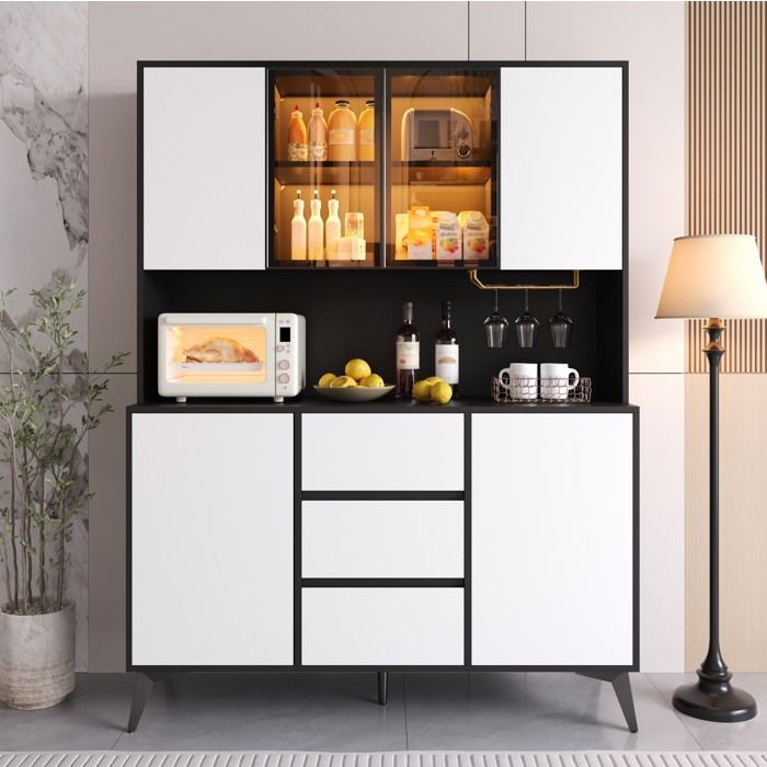 Buffet Haut Vitrine 6 Portes 3 Tiroirs 1 Niche et LED Réglable - ELVMI - Cuisine MDF Noir et Blanc 120×40×160 cm