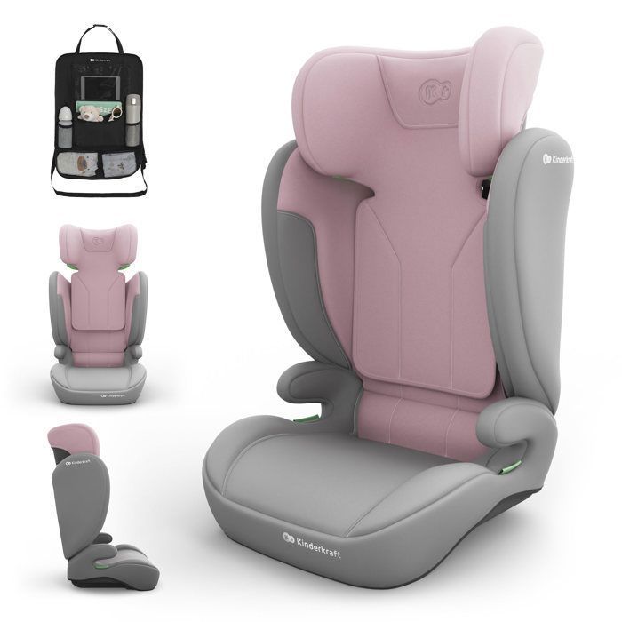 Siège Auto Kinderkraft I-SPARK 2 PLUS i-Size 100-150 cm Dossier Amovible Appui-Tête Réglable 2 en 1 Rose + Organisateur de Voiture