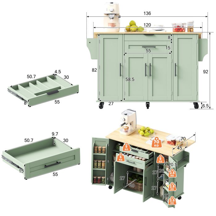 Ilot central mobile desserte de cuisine 120 x 45 cm plan de travail extensible 70 cm 4 portes 2 tiroirs ORVRYN