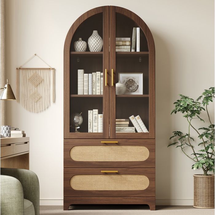 WOVREO Vitrine bibliotheque 80 x 40 x 175 cm 2 portes vitrees 2 tiroirs 3 etageres reglables noyer