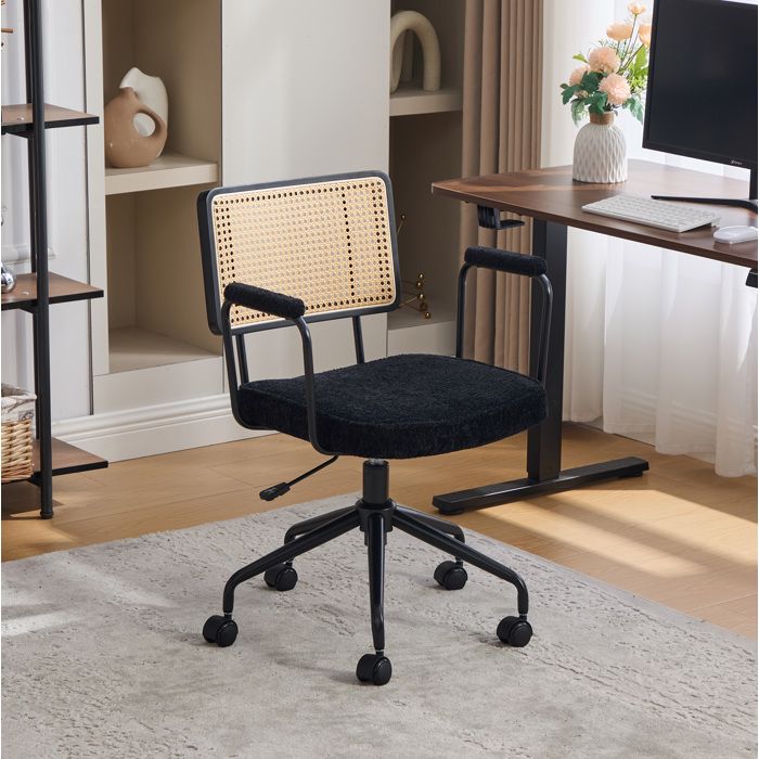 ULEVR fauteuil de bureau vintage à roulettes réglable en hauteur dossier en rotin synthétique chenille noire