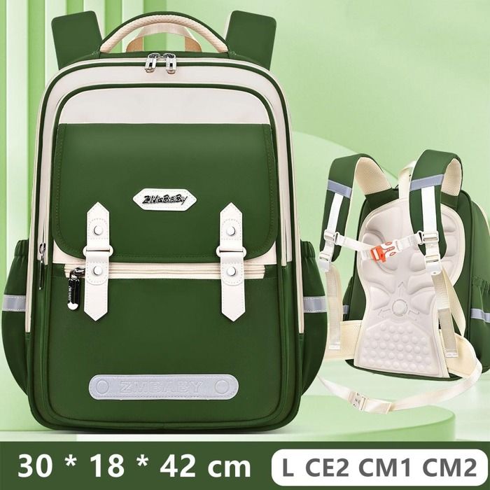 Cartable Garçon Fille Sac à Dos Scolaire Primaire Tissu Nylon Imperméable Pour Enfants CE2 - CM2 Léger Multi-poches - L - Vert