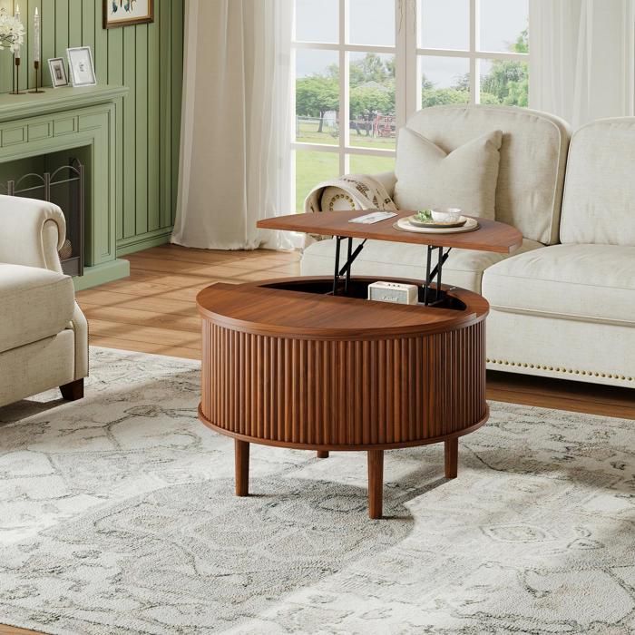 Table Basse - 80x80x51 5cm - Plateau Ronde Relevable et Rabattable Coffre Rangement Cannelé - Marron