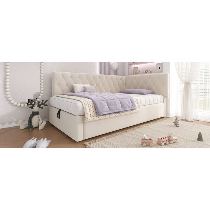 Lit banquette rembourré 90x190 cm en velours coloris beige avec tête de lit avec rangement sommier à lattes sans matelas