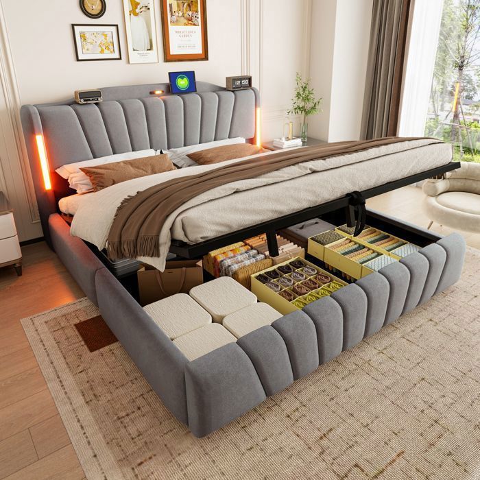 Lit Coffre King Size 180x200 Rembourré en Velours Gris - avec Éclairage LED Prises USB Veilleuse et Sommier Lit Coffre King Size 180x200 Rembourré en Velours Gris - avec Éclairage LED Prises USB Veilleuse et Sommier