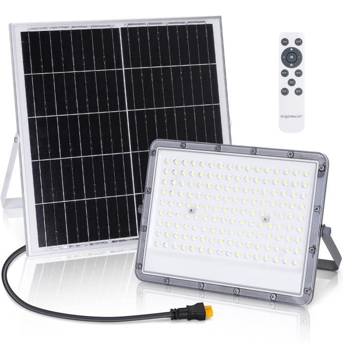 aigostar - projecteur solaire led d'extérieur avec panneau solaire, 200w. ultralumineux, 2000lm. télécommande, batterie 20ah, 3,2v.