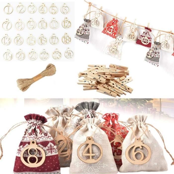 Calendrier De l/'Avent Sac Sacs Cadeaux de Noël en Toile De Jute Calendrier de l/'Avent à Remplir DIY Pochettes Sachets en Lin 24 Sac Cadeau De Noël Jute avec 24 Étiquette Numérique+Clip+10m Corde