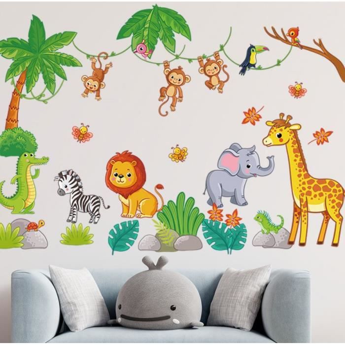 Stickers Muraux Jungle Enfants - 3 Pièces 30x90 Cm, Animaux Forêt (girafe, Léopard, Singe) - PVC Imperméable, Facile à Coller Et Décoller