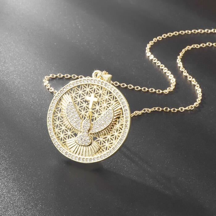 Pendentif Vintage en forme de saint esprit pour femme, collier avec médaille en zircone cubique, cadeau'anniv