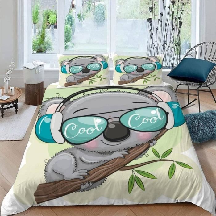 Housse de Couette 200x200 Koala Mignon Parure de Lit Imprimée 3D Housses de Couettes Koala Mignon avec 2 Taies D'oreiller 65x65 cm