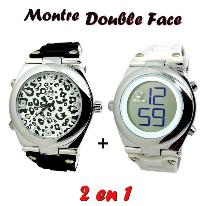 MONTRE FEMME 2 EN 1 DOUBLE FACE DIGITAL + ANALOGIQUE NOIR + BLANC ARGENT LÉOPARD