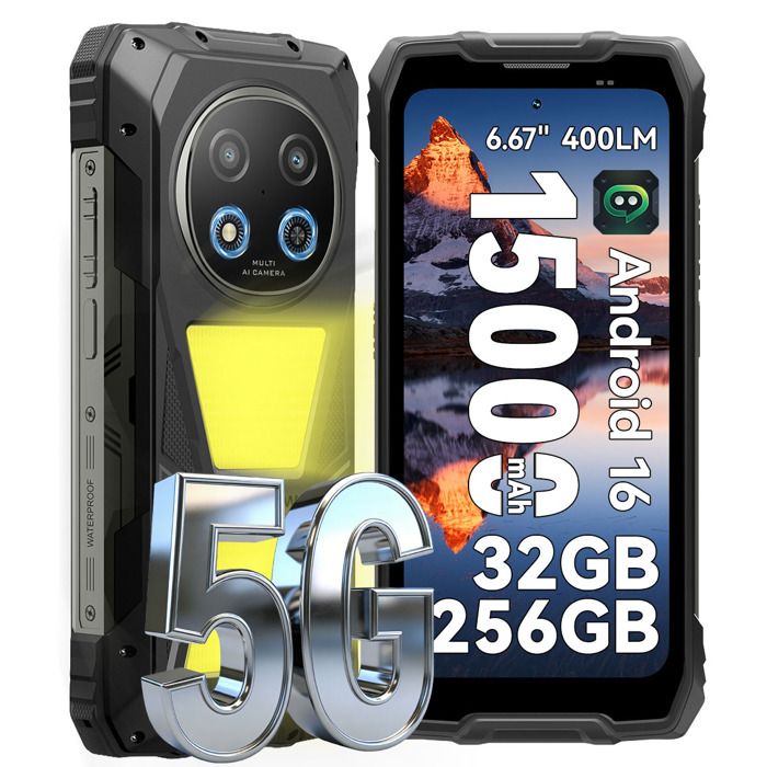 BLACKVIEW  ROCK 2 Pro 5G T&eacute;l&eacute;phone Portable Incassable 667 Android 16Lampe Camping 400lm32Go+256Go15000mAhIP69K/IP68NFCNoir 