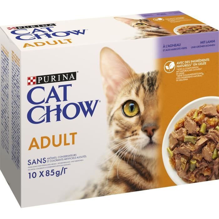 PURINA CAT CHOW Nourriture à l'agneau et aux haricots verts - Pour chat adulte - 10 x 85 g