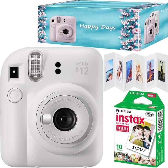 Fujifilm Instax Mini 12, Ensemble appareil photo instantané couleur blanc argile, avec 10 films, cadre accordéon et boîte Happy Days