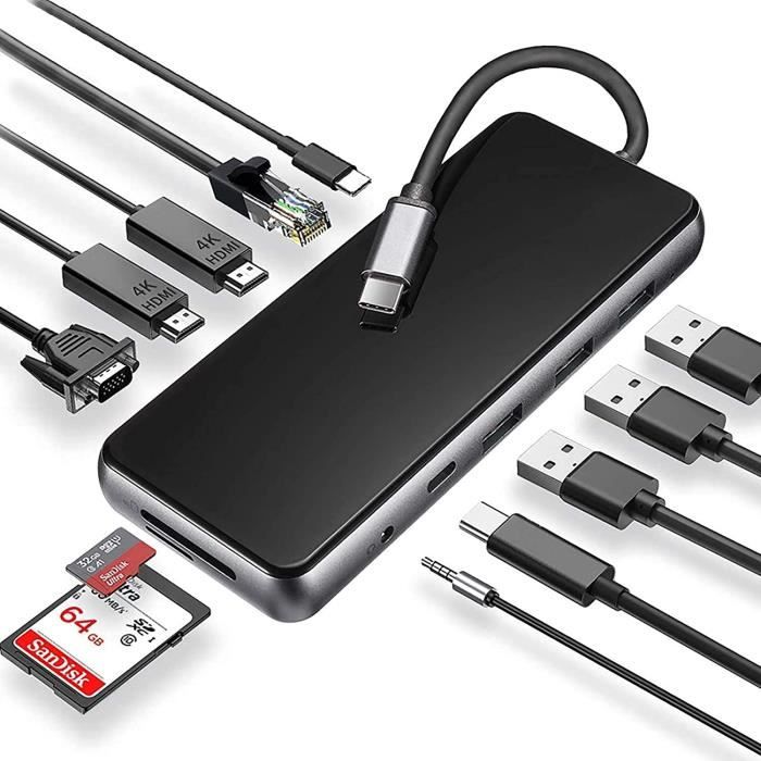 Hub USB C,Adaptateur Multiport 7-en-1 vers Double HDMI,VGA,2 Ports USB  3.0,PD 87W et Port Audio,Station d'accueil USB C Compatible a - Cdiscount