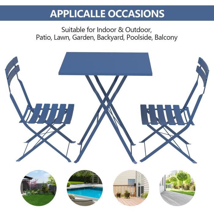 Ensemble de jardin pliable HUOLE - Table et 2 chaises - Design moderne et fonctionnel - Bleu