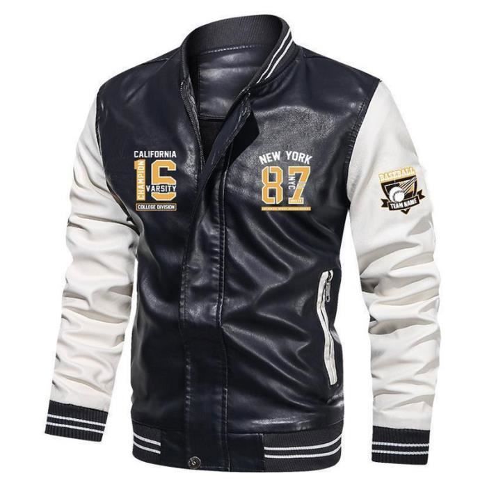 Blouson Homme en Cuir Baseball Chaud Hiver Couleurs Contrastees Veste en Cuir PU Marque Luxe Veste Homme Noir blanc Cdiscount Pret a Porter