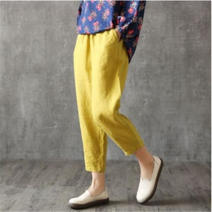 Femme Tregging Ete Casual Coton Lin Ample Pantalon Solide Couleur Pantacourt Sport 7 10 Longueur Harem Pants Jaune Cdiscount Pret A Porter