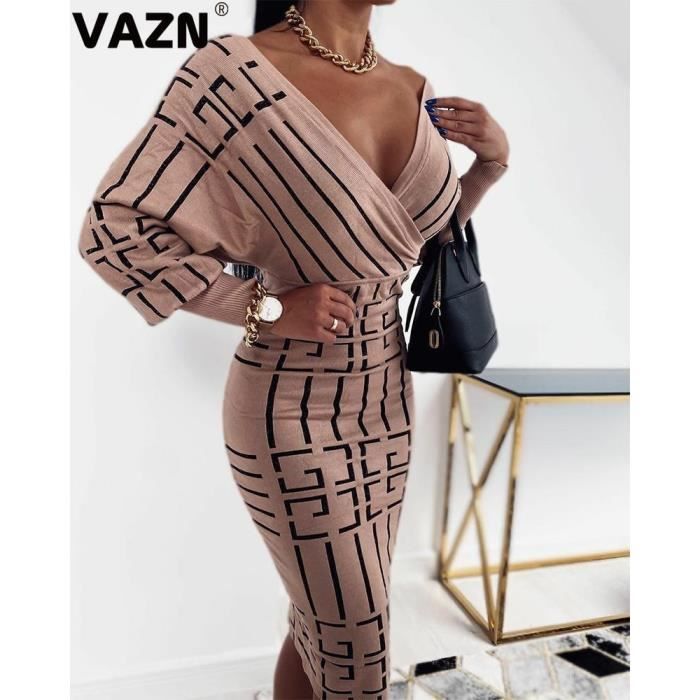 Robe VAZN 2020 automne Vintage Sexy elegant Mature mode profonde col en v a manches longues femmes taille haute mince Type Marron Blanc Cdiscount Pret a Porter