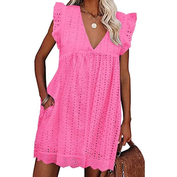 Vangreynve Robe Femme Ete Chic Courte Robe de Plage Boheme en Dentelle Jacquard Col en V Noir S